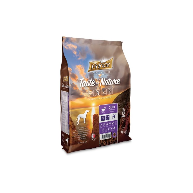 Prince Taste of Nature - karma sucha bez zbóż dla psów dorosłych wszystkich ras z mięsa jelenia i łososia 4 kg Prince Taste of Nature - karma sucha bez zbóż dla psów dorosłych wszystkich ras z mięsa jelenia i łososia 4 kg